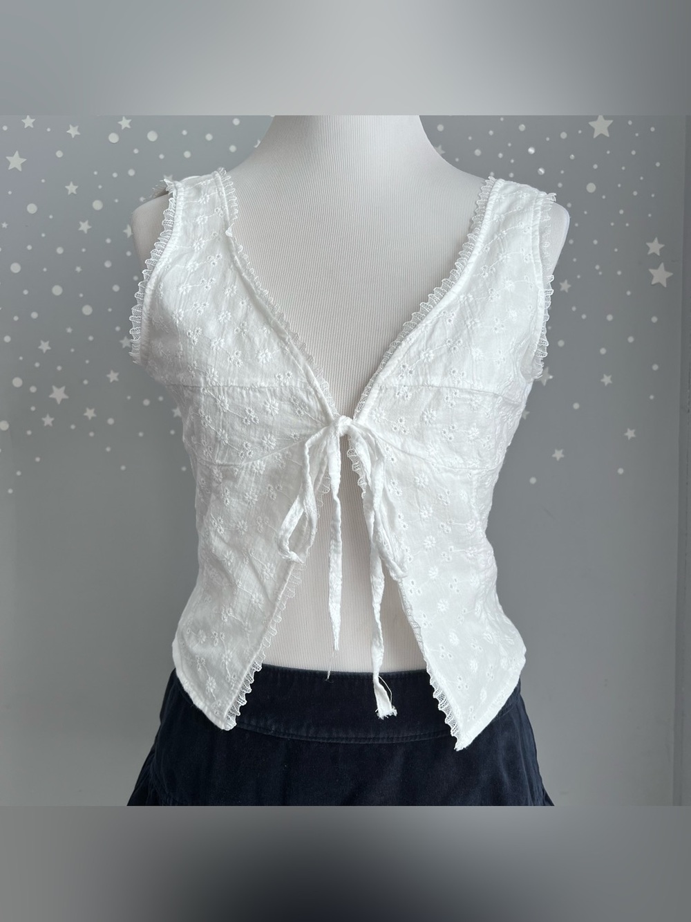 White Eyelet Tie Front Corset Top Lace Trim Coquette Cottagecore Milkmaid M
